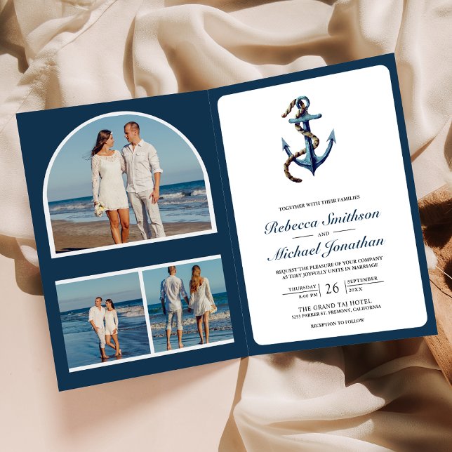 Rustic Navy Blue Anchor Rope Photo QR Code Wedding Einladung (Von Creator hochgeladen)