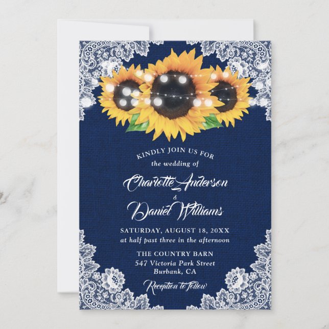 Rustic Navy Blue Burlap Lace Sunflower Wedding Einladung (Vorderseite)