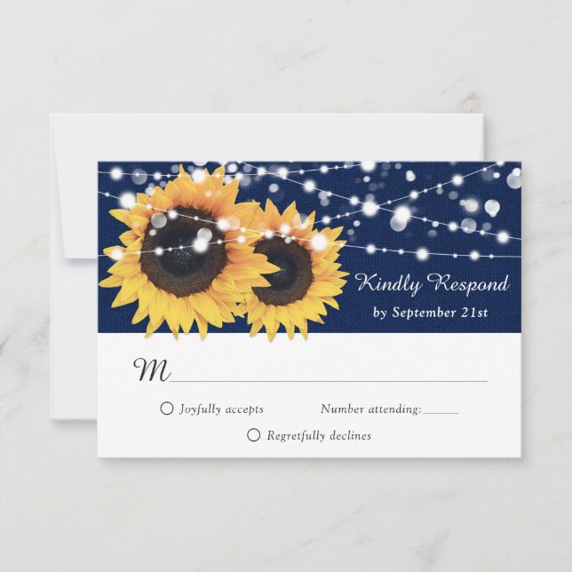 Rustic Navy Blue Burlap Sunflower Wedding RSVP (Devant)