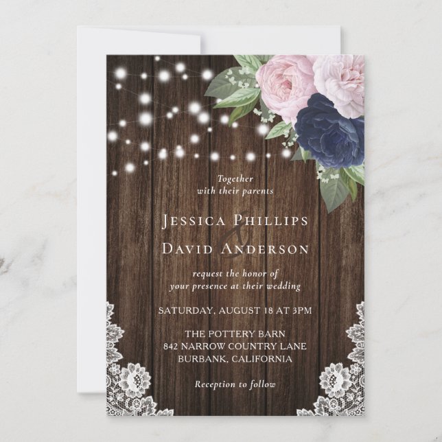 Rustic Navy Blue et Blush Wedding Invitations (Devant)