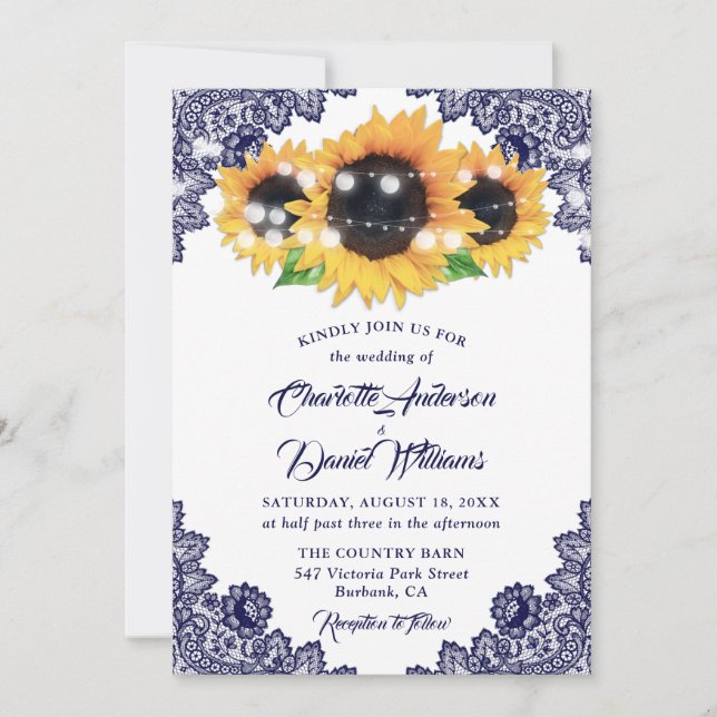 Rustic Navy Blue Floral Lace Sunflower Wedding Einladung (Vorderseite)