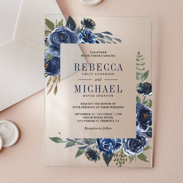 Rustic Navy Blue Floral Wedding Acryleinladungen (Von Creator hochgeladen)