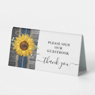 Rustic Navy Blue Lace Sunflower Gästebuch Hochzeit Tischaufsteller