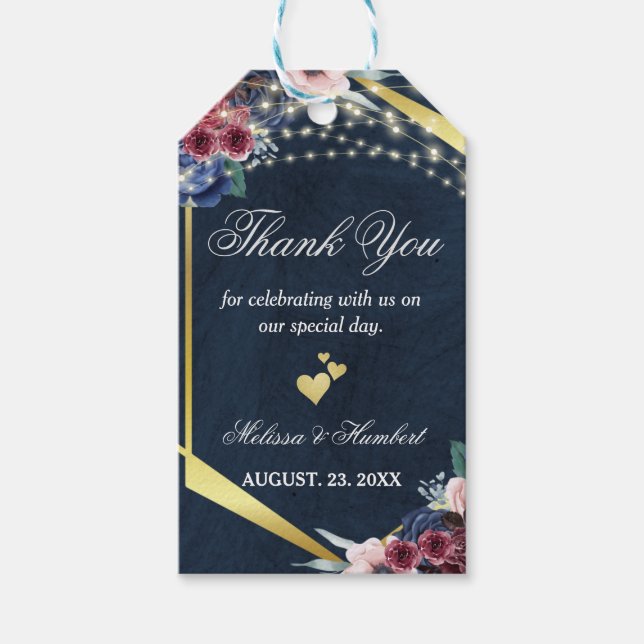 Rustic Navy Blue String Lights Hochzeit Vielen Dan Geschenkanhänger (Vorderseite)