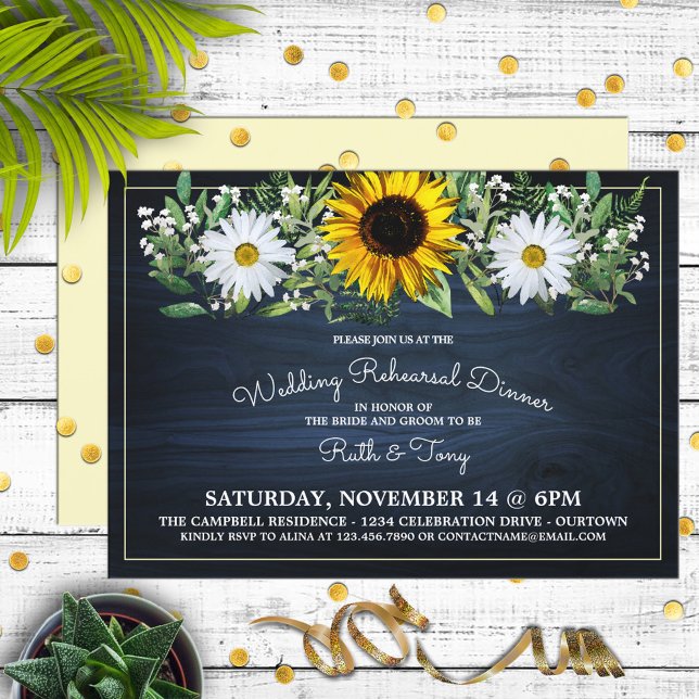 Rustic Navy Blue Sunflower] Daisy Rehearsal Dinner Einladung (Von Creator hochgeladen)