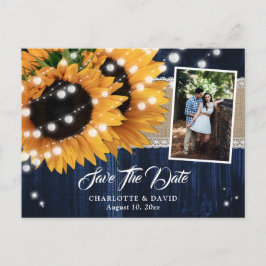 Rustic Navy Blue Wood Sunflower Wedding Photo Ankündigungspostkarte