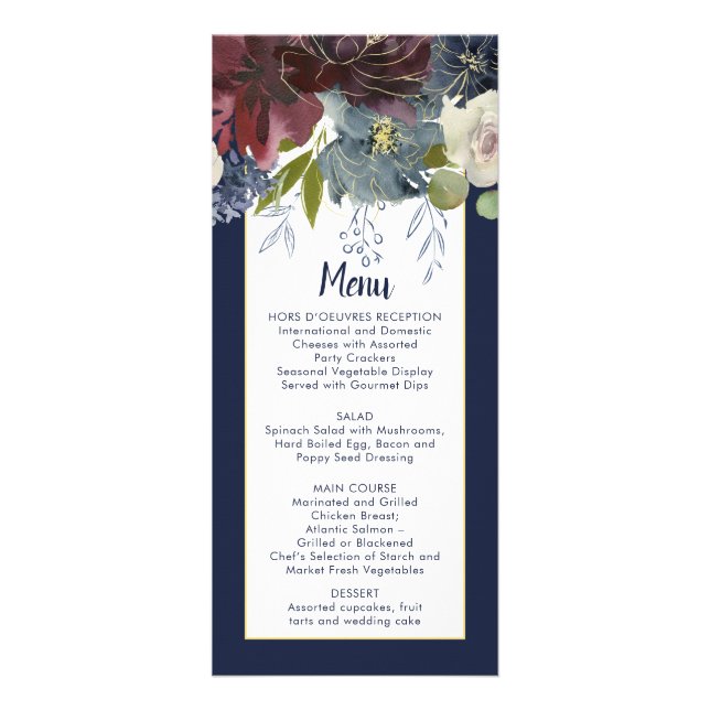 Rustic Navy Burgundy Rose Gold Floral Wedding Menu Werbekarte (Vorne)