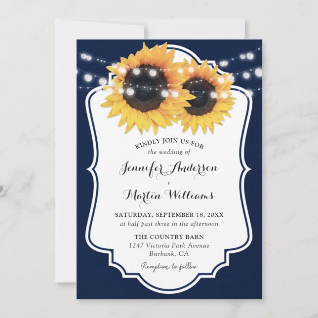 Rustic Navy Burlap Sunflower Invitations de mariag (Devant)