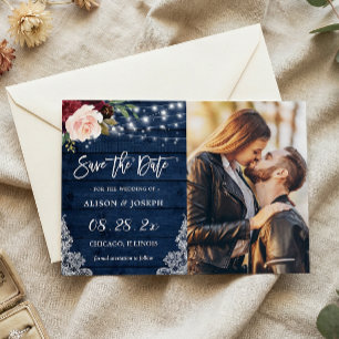 Rustic Navy Floral Enregistrer la date Carte magné