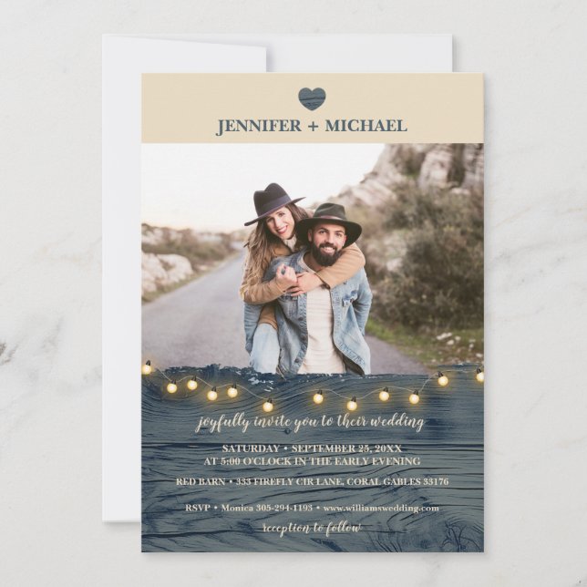 Rustic Navy Grange Wood Mariage Photo Invitation (Devant)