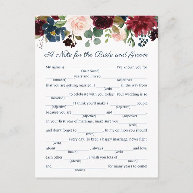 Rustic Navy Marsala Floral Mariage Cartes de conse (Devant)