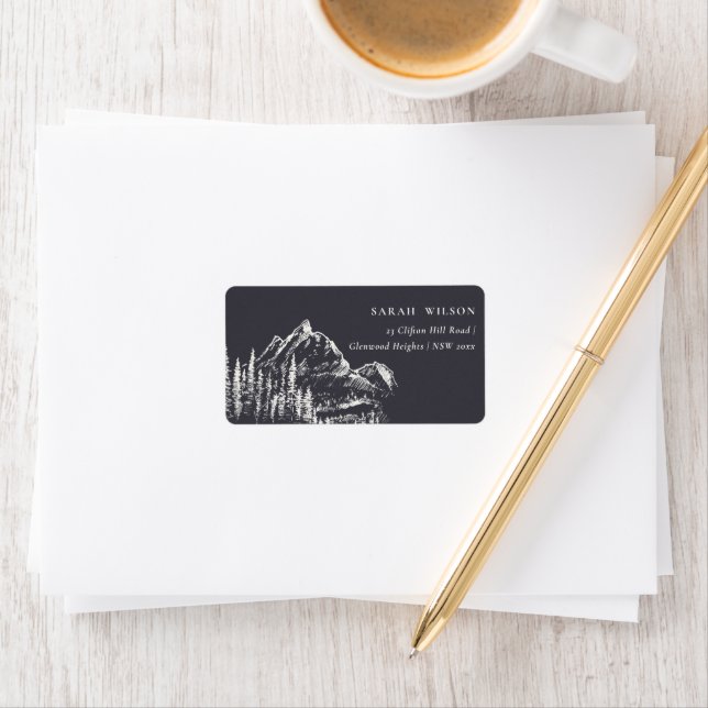 Rustic Navy Pine Woods Mountain Sketch Address Adressaufkleber (Insitu)