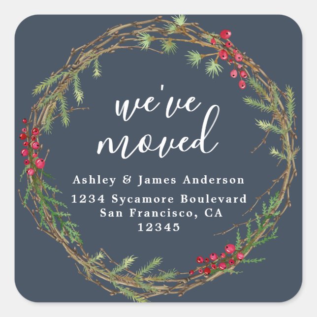 Rustic Navy Wreath We’ve Moved Address Quadratischer Aufkleber (Vorderseite)