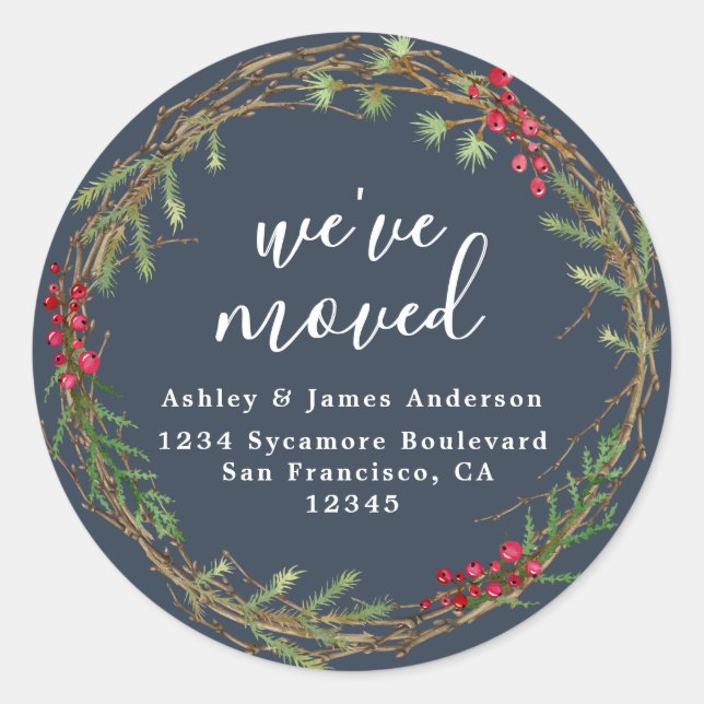 Rustic Navy Wreath We’ve Moved Address Runder Aufkleber (Vorderseite)