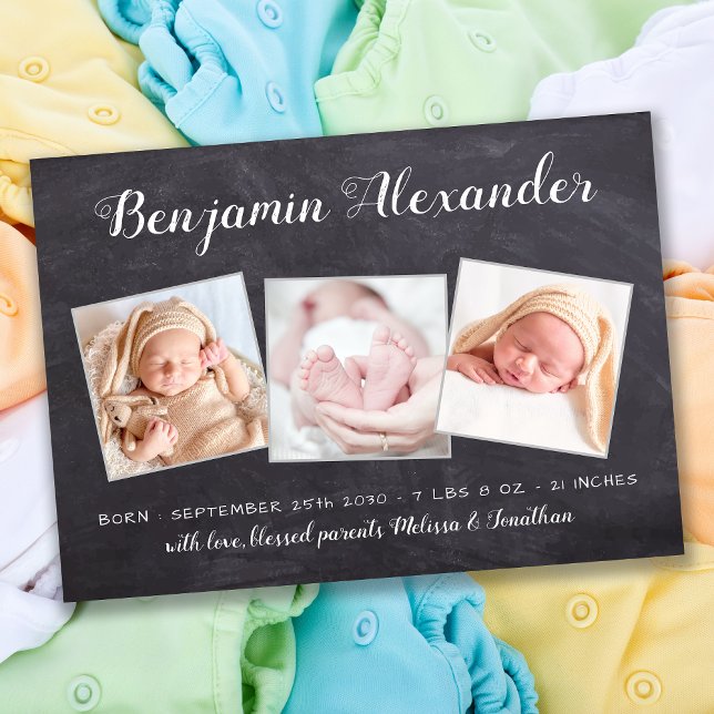 Rustic New Baby Chalkboard 3 Foto Birth Ankündigung (Von Creator hochgeladen)
