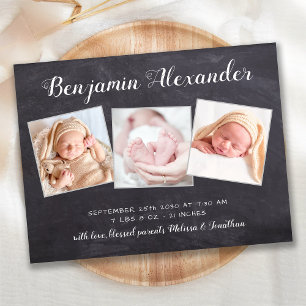 Rustic New Baby Chalkboard 3 Foto Birth Ankündigungspostkarte