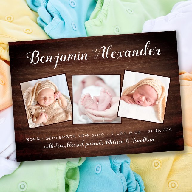 Rustic New Baby Country Wood 3 Foto Birth Ankündigung (Von Creator hochgeladen)