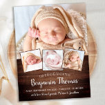 Rustic New Baby Custom 4 Foto Geburtsankündigung Postkarte<br><div class="desc">Mit diesen eleganten und modernen Foto-Collage-Ankündigungskarten kündigen Sie Ihr neues Baby an Freunde und Familie an. Personalisieren Sie Ihre Fotos mit 4 Ihrer Lieblings-und personalisieren Sie mit Namen, geborenen Datum, Geburtsdaten. COPYRIGHT © 2020 Judy Burrows, Black Dog Art - Alle Rechte vorbehalten. Rustic New Baby Custom 4 Foto Geburtsankündigung Postkarte...</div>