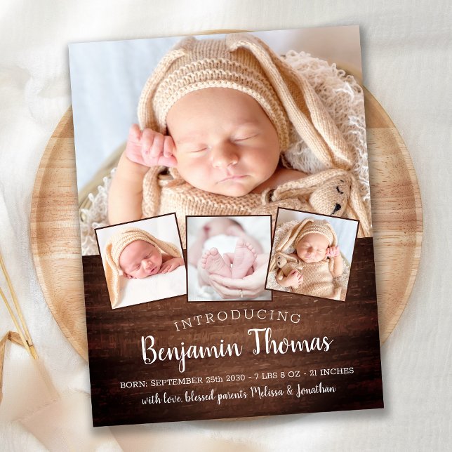 Rustic New Baby Personalisiert 4 Foto Collage Birt Ankündigungspostkarte (Von Creator hochgeladen)