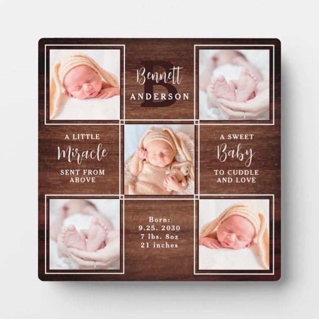 Rustic New Baby Personalisiert 5 Foto Collage Fotoplatte (Vorderseite)