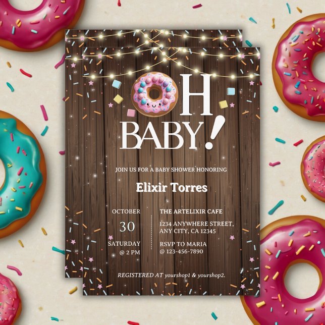 Rustic Oh Baby Donut & Sprinkle Kawaii Babydusche Einladung (Von Creator hochgeladen)