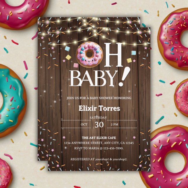 Rustic Oh Baby Donut & Sprinkle Kawaii Babydusche Einladung (Von Creator hochgeladen)