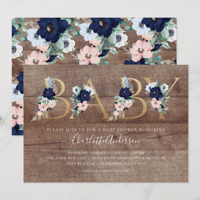 Rustic Oh Baby Navy Blue Blush Bloral Baby Dusche Einladung (Vorne/Hinten)