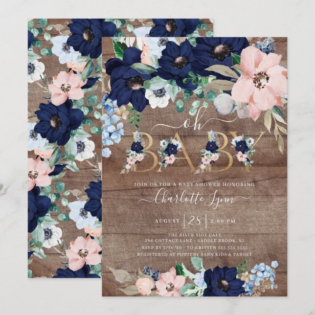 Rustic Oh Baby Navy Blue Blush Bloral Baby Dusche Einladung (Vorne/Hinten)