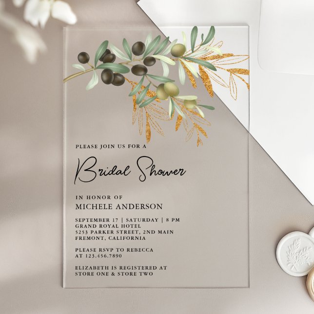 Rustic Olive Branch Leaves Bridal Shower Acryleinladungen (Von Creator hochgeladen)