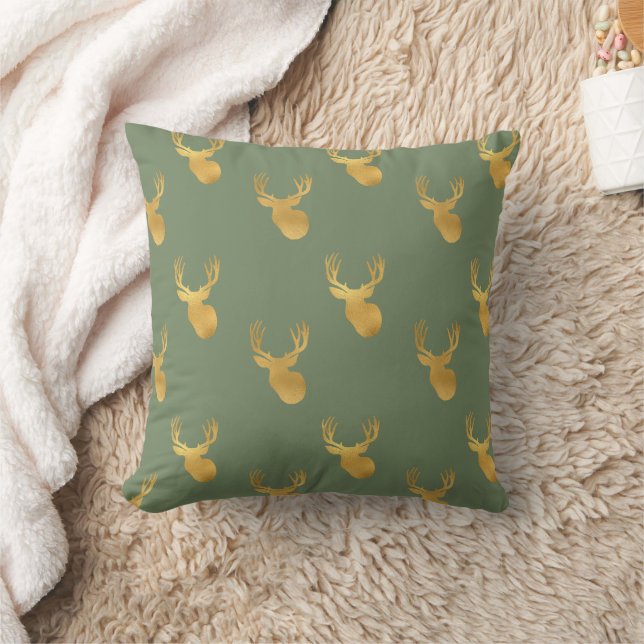 Rustic Olive Green Gold Deer Christmas Kissen (Decke)