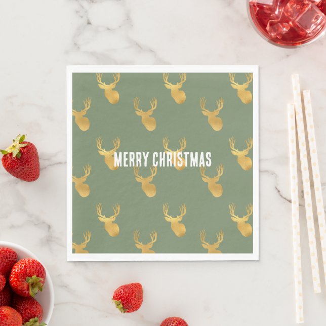 Rustic Olive Green Gold Deer Christmas Serviette (Beispiel)