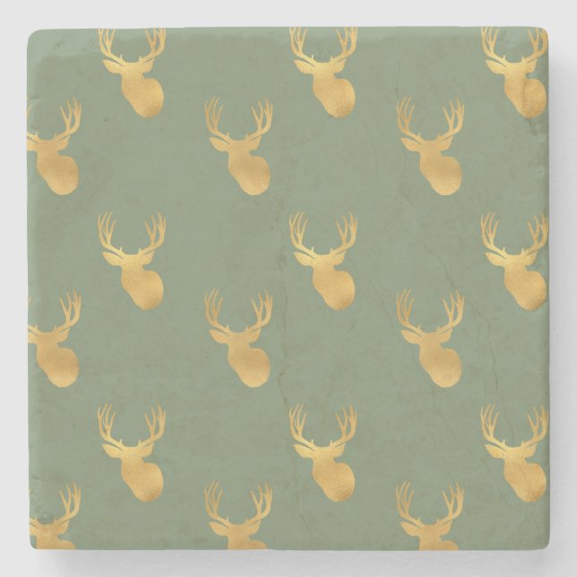 Rustic Olive Green Gold Deer Christmas Steinuntersetzer (Vorderseite)