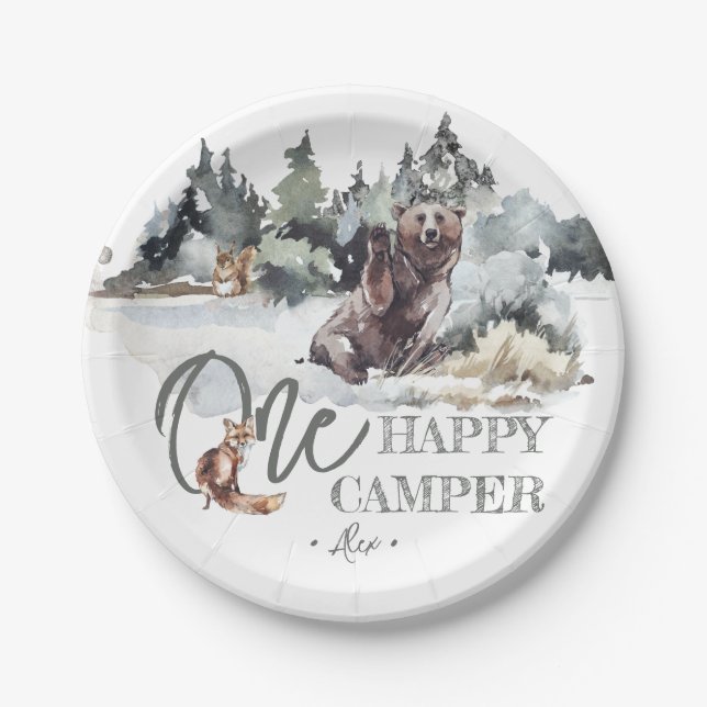 Rustic One Happy Camper Geburtstagsparty Pappteller (Vorderseite)