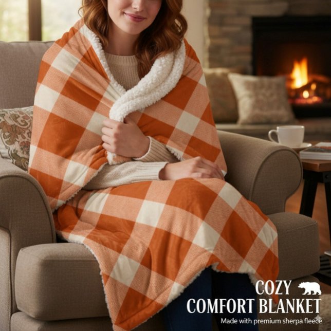 Rustic Orange & Cream Buffalo Plaid Farmhouse Sherpadecke (Von Creator hochgeladen)