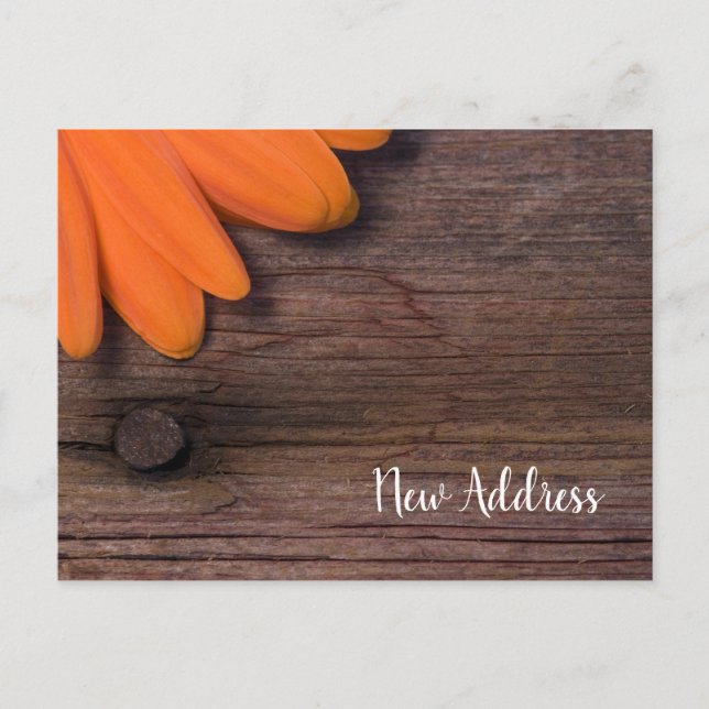 Rustic Orange Daisy und Barn Wood Neue Adresse Ankündigungspostkarte (Vorderseite)