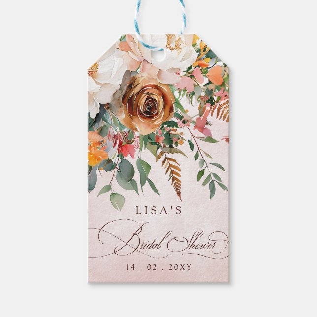 Rustic Orange Floral Fall Bridal Shower  Geschenkanhänger (Vorderseite)
