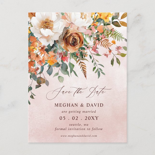 Rustic Orange Floral Fall Save the Date Ankündigungspostkarte (Vorderseite)