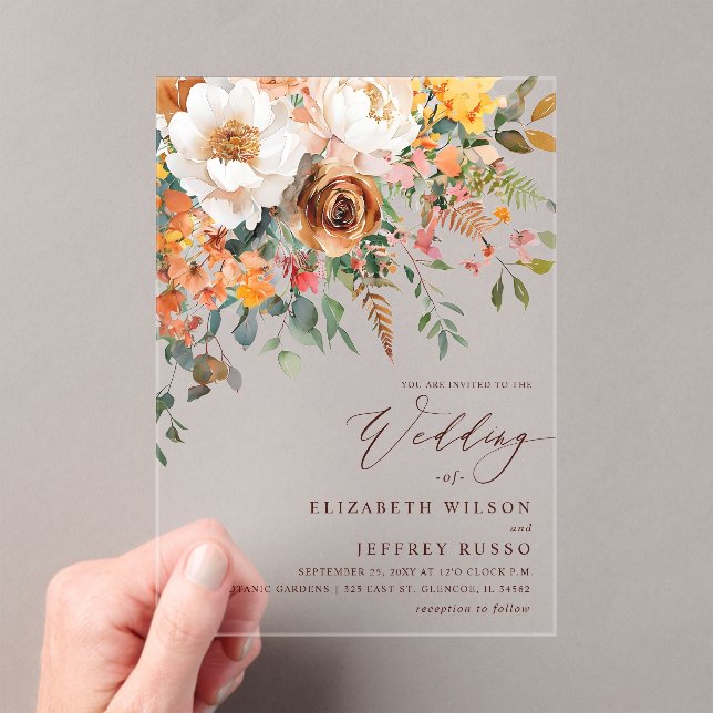 Rustic Orange Floral Fall Wedding Acryleinladungen (Insitu (Handheld))