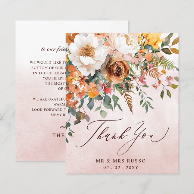 Rustic Orange Floral Fall Wedding Thank You Card (Vorne/Hinten)