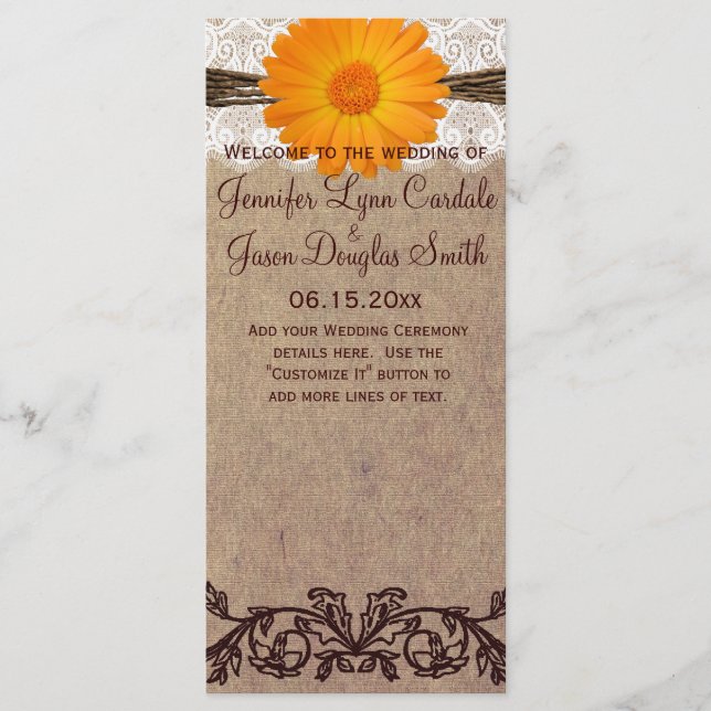 Rustic Orange Gerber Daisy Wedding Program Programm (Vorderseite)