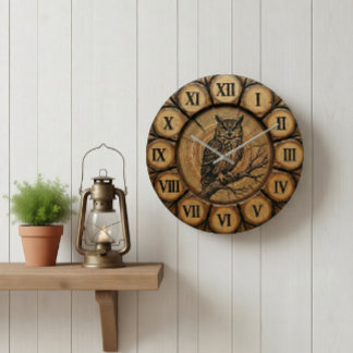Rustic Owl Wall Clock | Wood-Look Cabin Decor Große Wanduhr