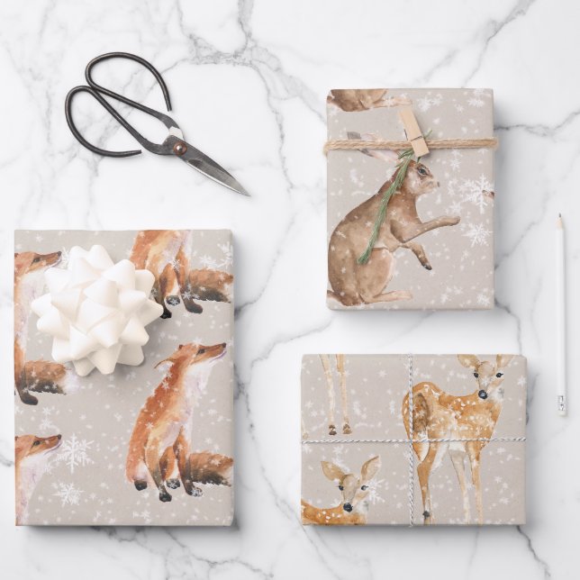 Rustic Oyster Gray Elegant Snowy Winter Animals Geschenkpapier Set (Vorderseite)