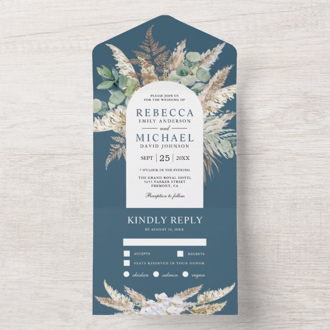 Rustic Pampas Eucalyptus Arch Dusty Blue Wedding All In One Einladung (Innen Boden)