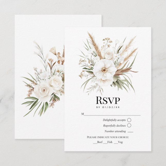 Rustic Pampas Grass White Floral Bohemian Wedding RSVP Karte (Vorne/Hinten)