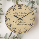 Rustic Paper Look 1st Wedding Anniversary Große Wanduhr<br><div class="desc">The classic gift for the first anniversary is paper. With that in mind we have created this rustic faux stained modern first anniversary design with Roman numerals, your names and wedding date. Composite design by Holiday Hearts Designs (rights reserved). If you have any questions or need assistance with the design...</div>