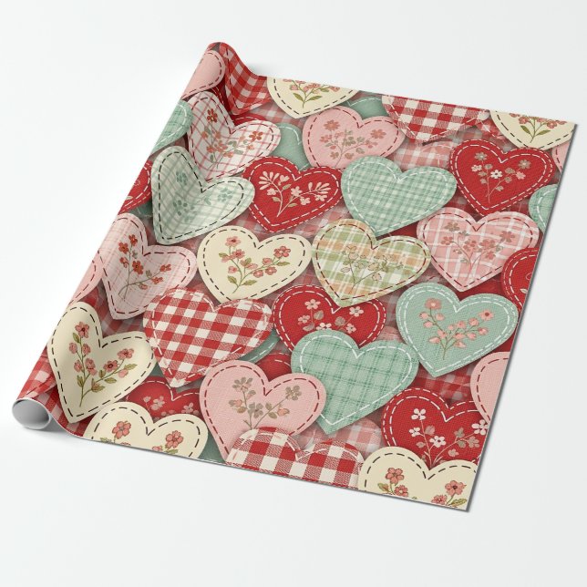 Rustic Patchwork Hearts Picnic Pattern (3) Geschenkpapier (Ungerollt)