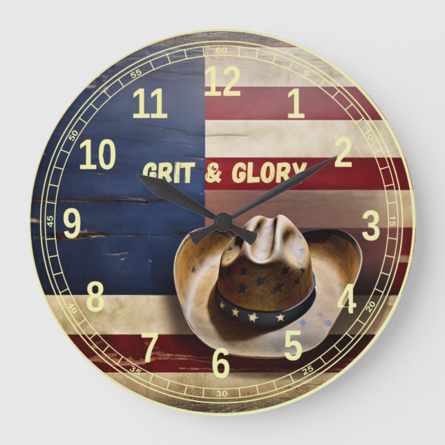 Rustic Patriotic "GRIT & GLORY" gift Große Wanduhr (Vorderseite)