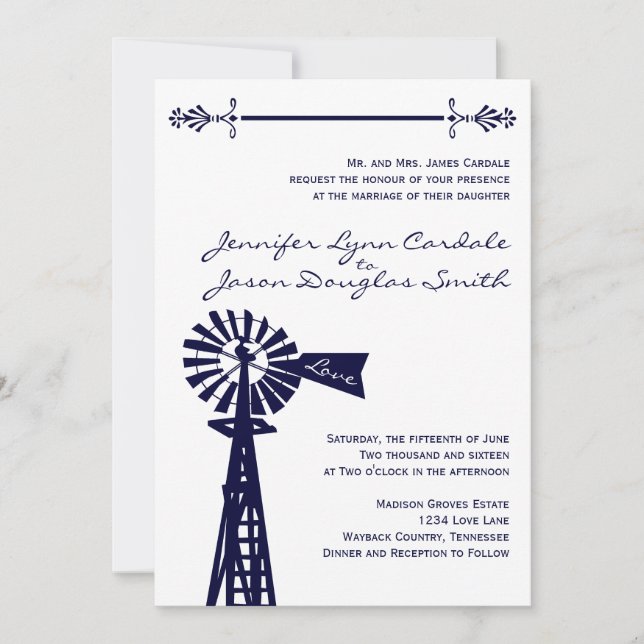 Rustic Pays Windmill Marine Mariages Invitations (Devant)