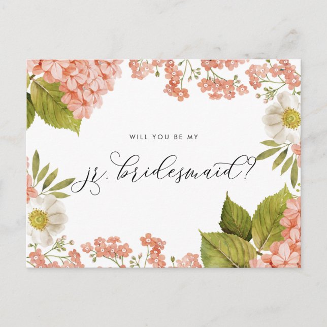 Rustic Peach Watercolor Hydrangeas Jr. Bridesmaid Postkarte (Vorderseite)