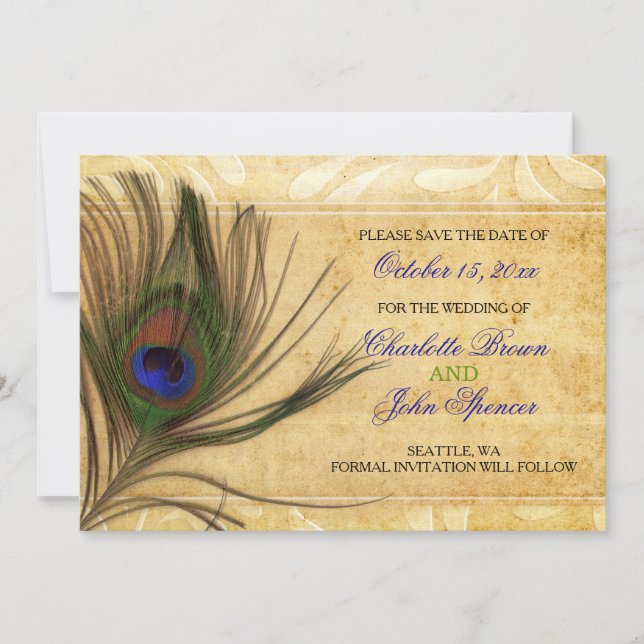 Rustic Peacock Feather Hochzeit speichern Sie das  Save The Date (Vorderseite)
